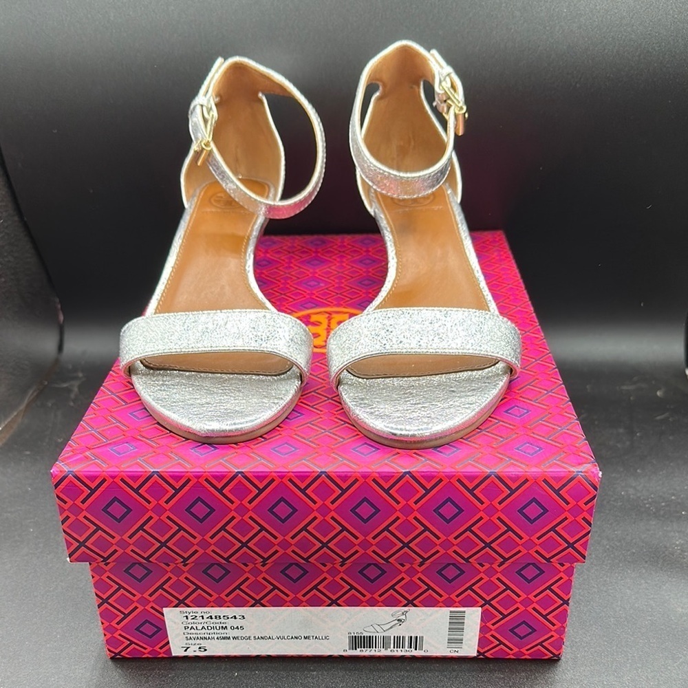 Tory Burch Savannah 45mm Wedge Sandal Vulcano Metallic Silver Size 7.5